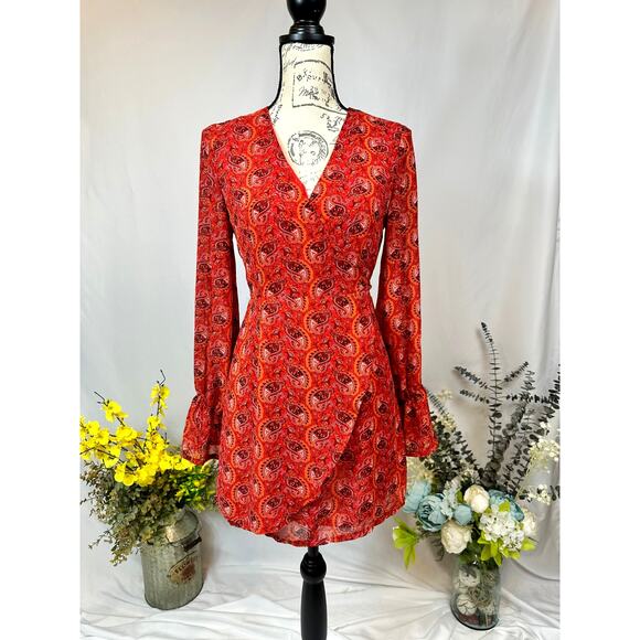 One Way Wrap Around Paisley Mini Dress Long Sleeves Red/Orange 12 - Picture 1 of 13